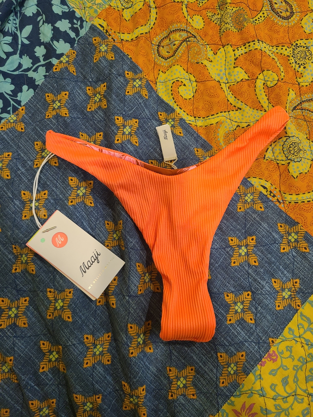 Maaji Neon Orange Ribbed High-Cut Bikini Bottom